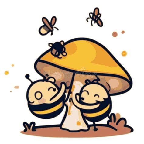 Cute Bees Hugging Mushroom Vector Graphics Stock Illustration