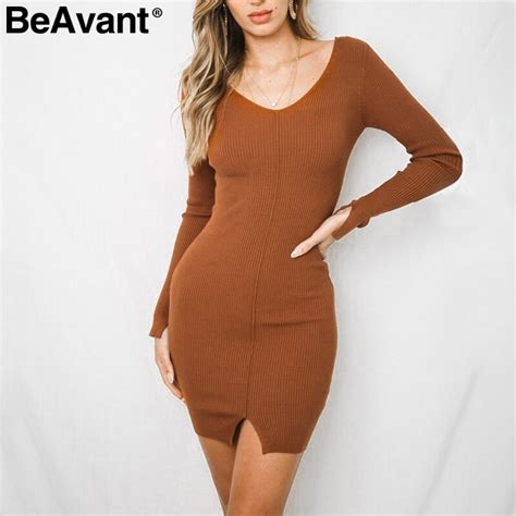 Beavant V Neck Bodycon Knitted Sweater Dress 2018 Sexy Split Casual