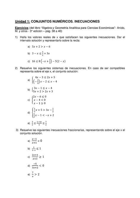 Inecuaciones Ejercicios Unidad 1 CONJUNTOS NUMÉRICOS INECUACIONES