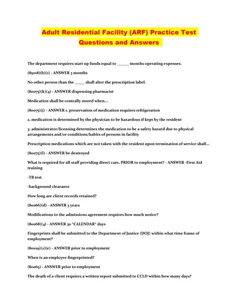 Solution Adult Residential Facility Arf Practice Test Questions And