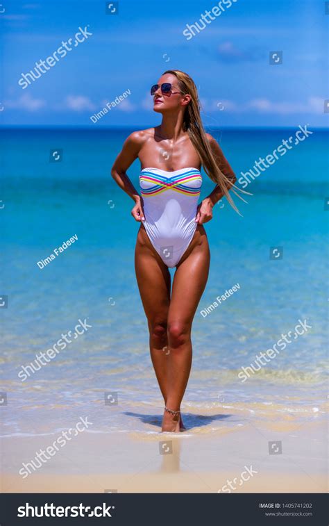 Sexy Slim Woman White Bikini Walking Stock Photo 1405741202 Shutterstock