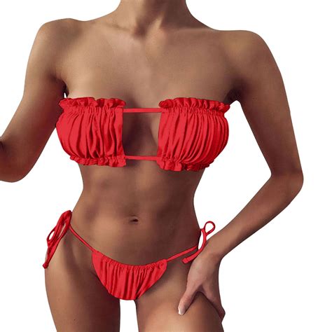 Fhsagq Summer Female Bathing Suit For Women Women S Sexy Pleated Hollowed Out Bikini Bikini Tie