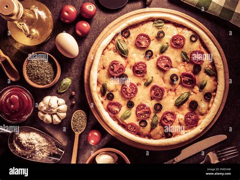 Italian Pizza At Old Table Background Stock Photo Alamy