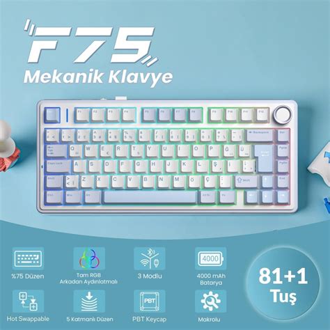 Aula F Mekanik RGB TKL Hot Swap GrayWood V Switch Kablosuz Makrolu Türkçe Q Klavye Buz Mavisi