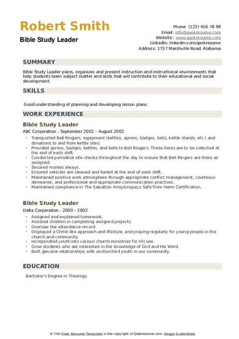 Bible Study Leader Resume Samples | QwikResume