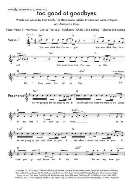 Too Good At Goodbyes Sheet Music Sam Smith Instrumental Duet