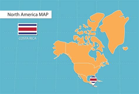 Mapa de costa rica en américa iconos que muestran la ubicación y las