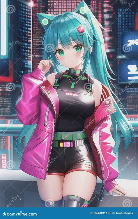 Cute Anime Cyberpunk Girl With Cat Ears In A Futuristic City With Neon