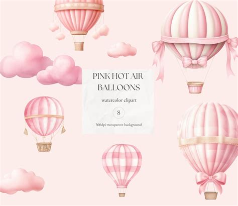 Pink Hot Air Balloon Watercolor Clipart Nursery Art PNG Digital