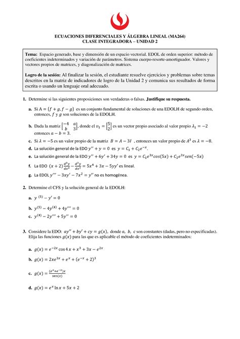 MA264 Clase integradora Unidad 2 ECUACIONES DIFERENCIALES Y ÁLGEBRA