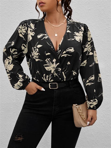 SHEIN Clasi Plus Floral Print Overlap Collar Lantern Sleeve Bodysuit