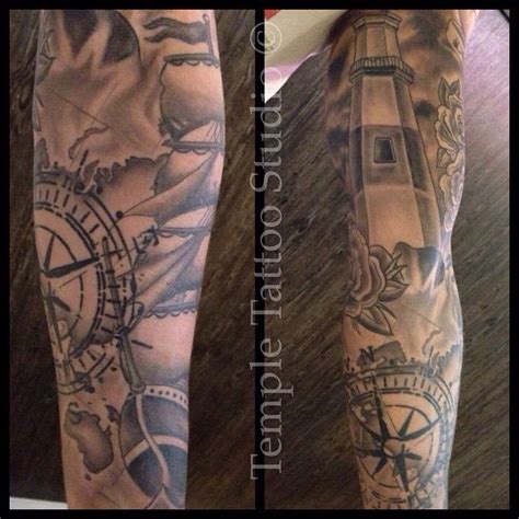 Nautical Sleeve Tattoo Compass Lighthouse Ship Map Of The World