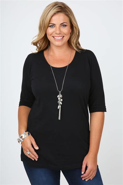 Black Band Scoop Neckline Basic T Shirt With 3 4 Sleeves Plus Size 16