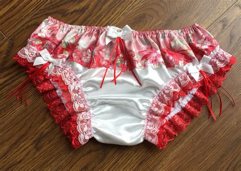 Ivory Satin Sissy Panties Feminine Bikini Knickers Chinese Style Flower Lace Trim Made To Order