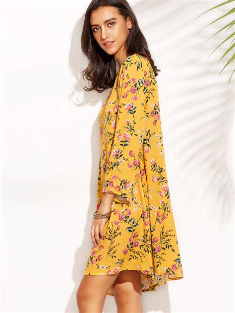 Yellow Floral Print Long Sleeve Shift Dress Shein Sheinside