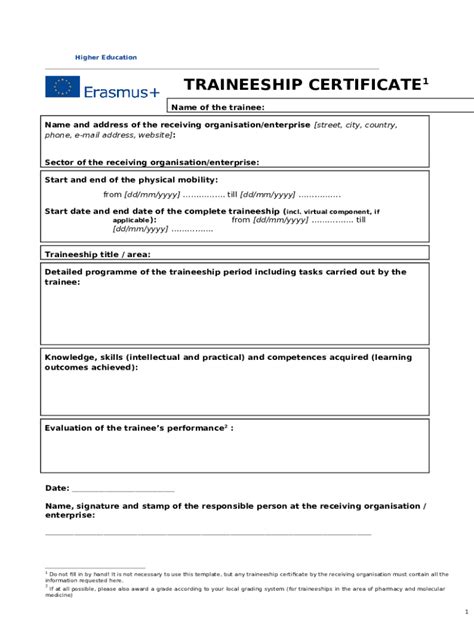 Erasmus Traineeship Certificate Doc Template PdfFiller