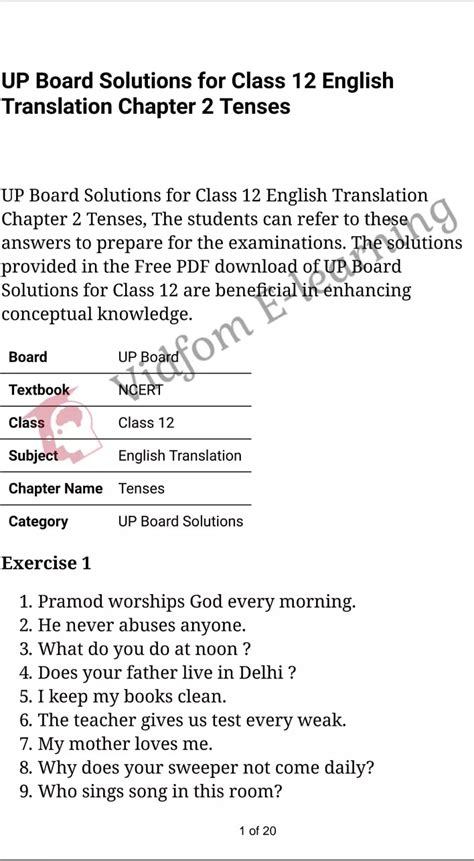 Ncert Solutions For Class 12 English Translation Chapter 2 Tenses Light Mode Hindi Medium