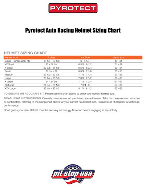 Pyrotect Auto Racing Helmet Sizing Chart Pit Stop Usa