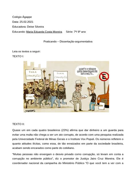 Corrupção Redação - Atividade de Redação Dissertação Argumentativa 8º Ano | PDF | Corrupção ...