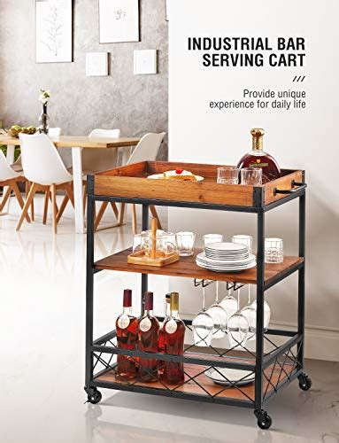 Kealive Bar Cart For The Home Industrial Wood Metal Wine Cart On Wheels With Glass Holder Wine