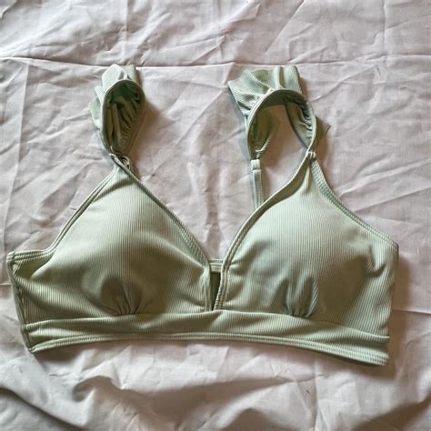 Mint Green Ribbed Bikini Top With Ruffle Strap Depop
