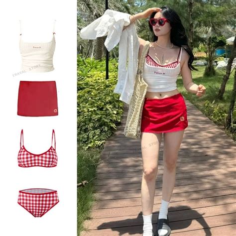 Women S Swimsuits Sexy Shoulder Bikini Four Piece Swimsuit Vacation Travel Korean Style Student