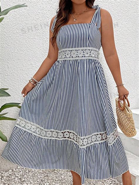 SHEIN VCAY Plus Striped Contrast Guipure Lace Tie Shoulder Cami Dress