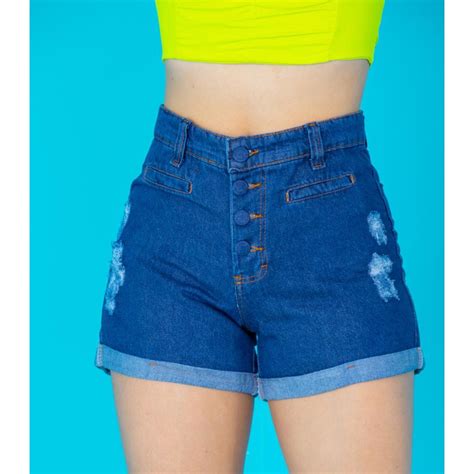 Short Jeans Bermuda Feminino Luxo Cintura Alta Destroyed Hot Pants Modela Bumbum Blogueira Barra