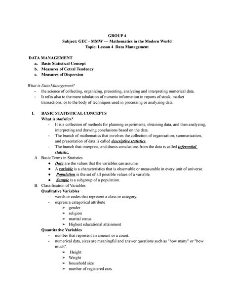 Group 4 Notes For MMW GROUP 4 Subject GEC MMW Mathematics In