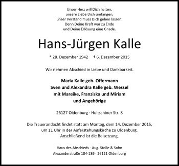 Traueranzeigen Von Hans J Rgen Kalle Nordwest Trauer De