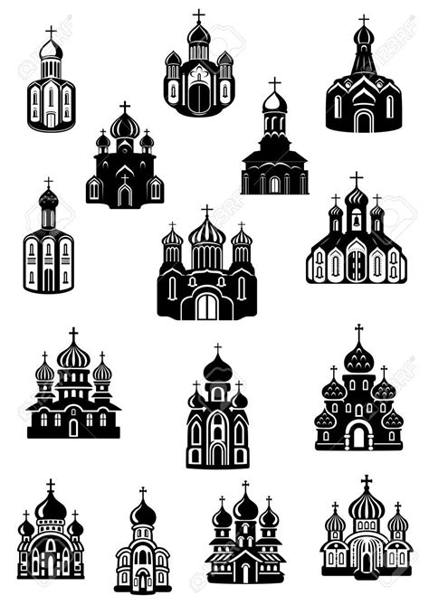 Храм, церковь и храм Fane значки с фасадов католических или ...