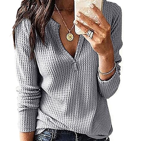 Autumn Womens Solid Long Sleeve Pullover T Shirts Ladies V Neck Blouse