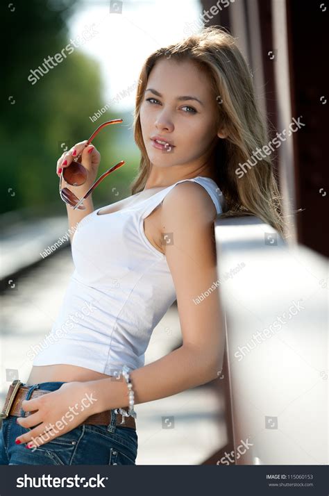 Beautiful Brunette Girl Jeans T Shirt Posing Stock Photo Shutterstock