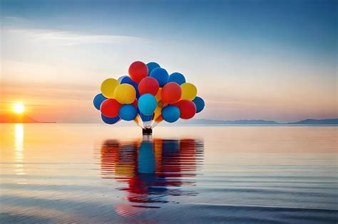 Globos De Colores Flotando En El Agua Con La Puesta De Sol Detr S De