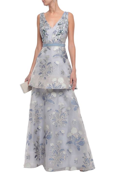 MARCHESA NOTTE Tiered embellished metallic fil coupé gown THE OUTNET