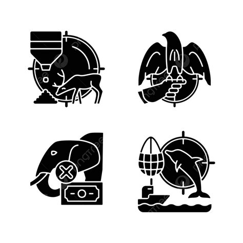 Set Of Black Glyph Icons Depicting Illegal Hunting On A White