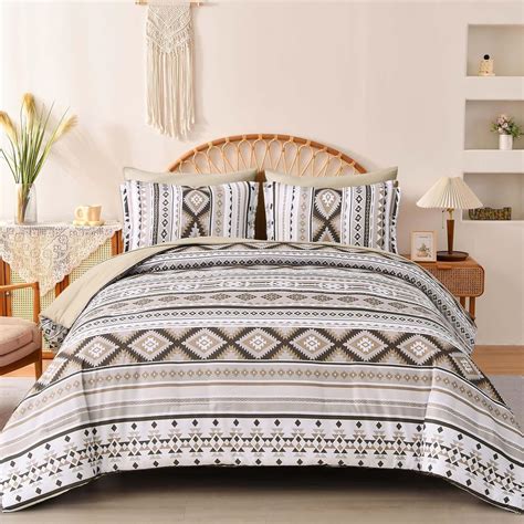 Dinjoy Boho King Size Bed In A Bag 7 Pieceskakki Comforter Set Aztec Striped