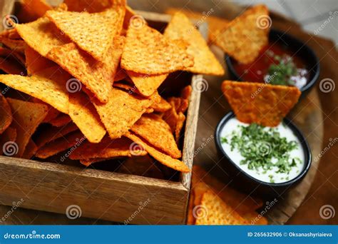 Chips Nachos with Sauces. Mexican Snacks Stock Photo - Image of salty ...