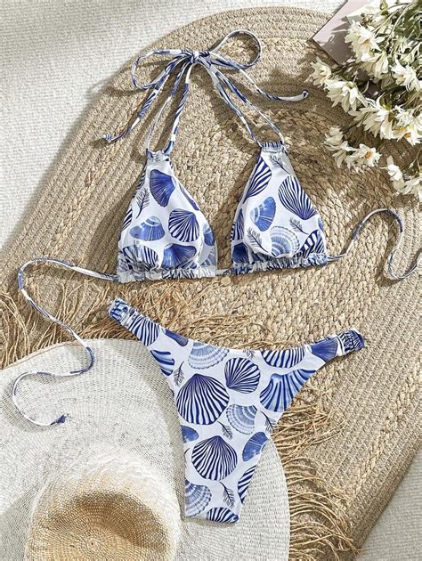 Swim Mod Women S Summer Beach Shell Print Halter Neck Tie Sexy Bikini Set Random Print SHEIN USA