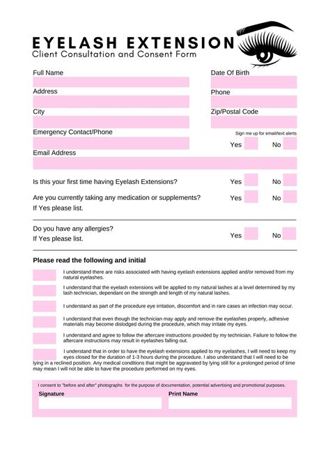 Eyelash Policy Form For Client Consultations Editable Client Record Form Lash Artist Client