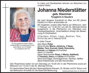 Traueranzeigen von Johanna Niederstätter Trauer bz