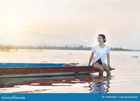 Portrait Of Beautiful Asian Woman Sitting On Fishing Boat Enjo Stock