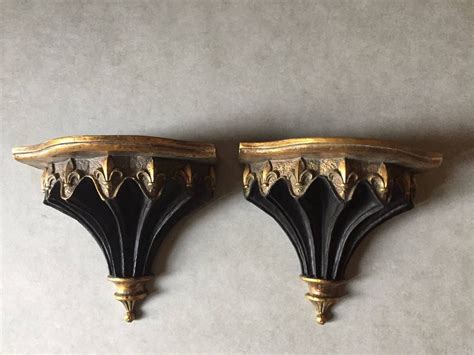 Fleur de Lis Wall Shelf Sconces ,Pair Black and Gold Plaster Shelves ...