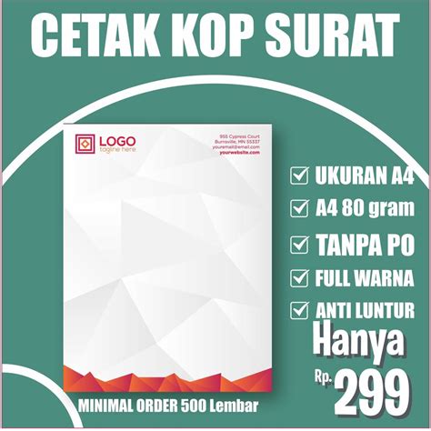 Jual Cetak Print Kop Surat Letter Head Full Warna Murah Ukuran A4