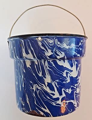 Vintage Blue White Swirl Graniteware Enamelware Berry Bucket Lunch