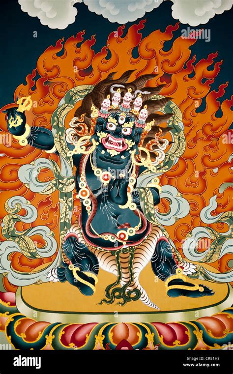 Tibetan Buddhism, blue demon in flames, Vighnanthaka, Vighnari Stock ...