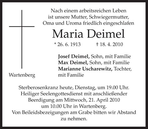 Traueranzeigen Von Maria Deimel Trauer Merkur De