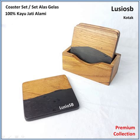 Jual LusioSB Coaster Set Duotone Kayu Jati Alas Gelas Kayu Tatakan