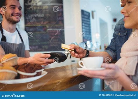 Happy Customers And Barista At Coffee Shop Stock Photo Image Of