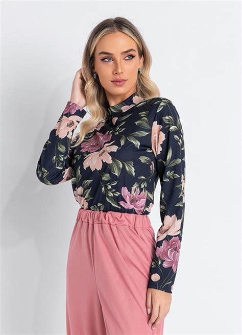 Blusa Floral Marinho Gola Moda Pop